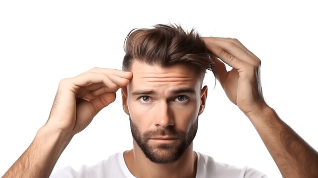 Photograph of a stylist receiving care and styling a new hairstyle against a white background