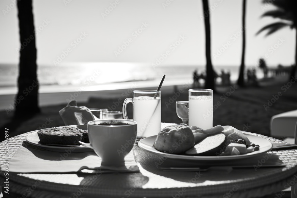Aufkleber A simple and refreshing image featuring a table with a plate of various fruits and a glass of water. Ideal for promoting healthy eating or showcasing a balanced diet