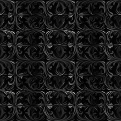 Black and white seamless pattern with classic foliage ornament. Seamless texture background