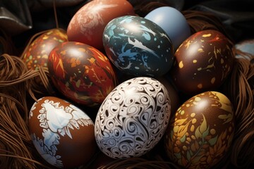 A close-up view of a basket filled with beautifully painted Easter eggs. Perfect for Easter-themed designs and decorations