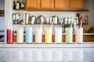line of different colored shakes on kitchen counter