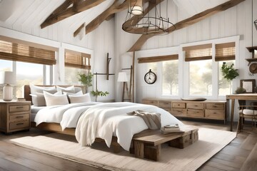 Modern farmhouse interior design bedroom with a cozy palette of crisp white, warm beige, and rustic wood accents