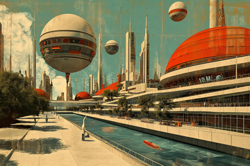 Retrofuturistic landscape in mid-century sci-fi style. Retro science fiction scene with futuristic city buildings - obrazy, fototapety, plakaty