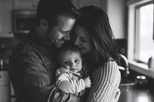 Black and white portrait of a loving family with a baby, embracing in a warm hug at home