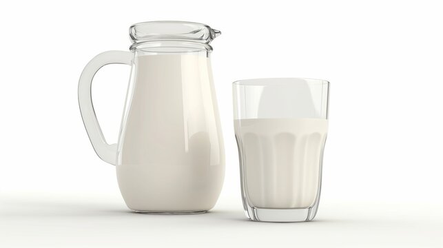 3D illustration of Milk jug and glass isolated white background.
