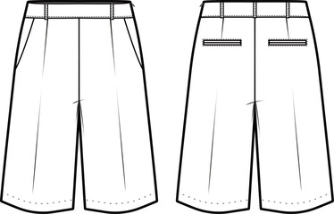 Technical flat sketch of short pants. Wide leg shorts with side pockets and welt pockets. Front and back apparel. Vector mock up Template.  - obrazy, fototapety, plakaty