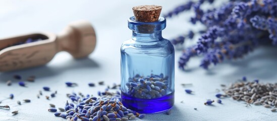Aromatherapy oil and lavender seeds in a blue glass bottle on white.