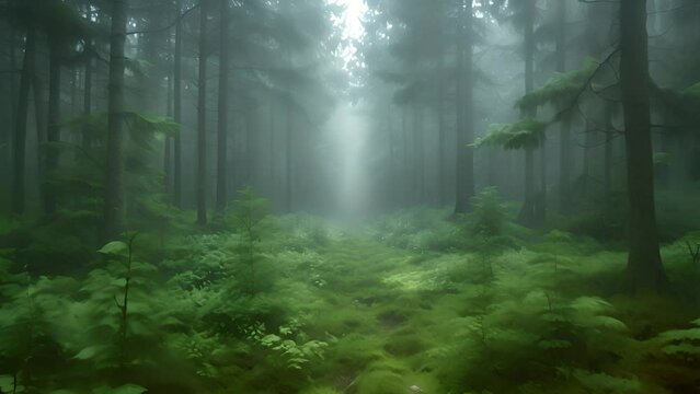 dark mysterious forest with mist by night, Beautiful landscape moving trough the trees. Misty forest 4k mp4