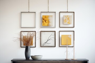 metallic square frames hanging on a neutral wall