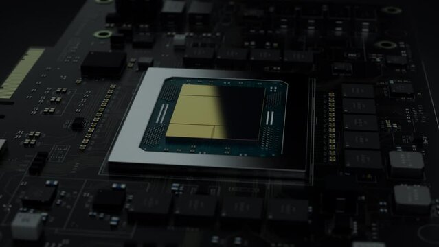 Advanced AI Chip on Generic Black Circuit Board. Next-generation Artificial Intelligence Acceleration Card for Data Centers and Supercomputers. Isolated PCB on Black Background. 3D Animation