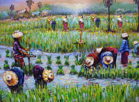 hand painted  original impressionism art painting oil color thailand grow rice  and  siam land of smiles