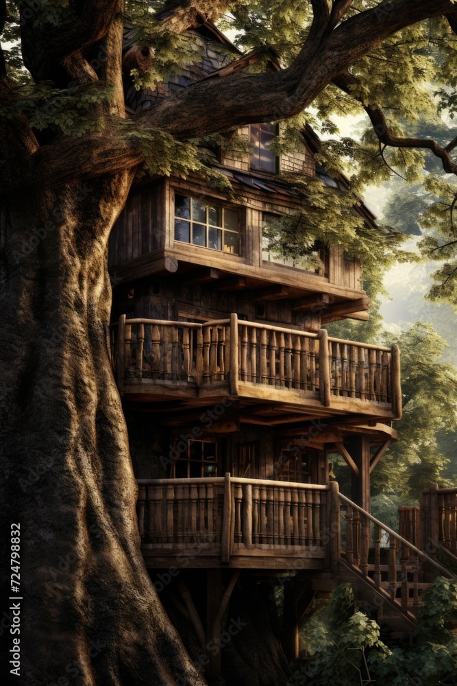 Poster a picture of a tree house located in the middle of a forest. this image can be used to depict a secl