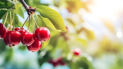 Cherry tree branch close up, fruit orchard background with copy space