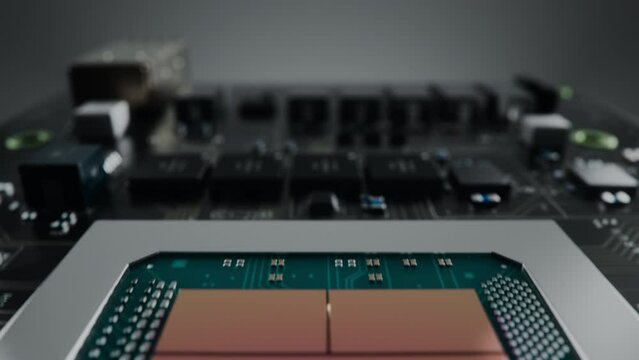 Advanced AI Microchip on Generic Black Circuit Board. Next-generation Artificial Intelligence Acceleration Card for Data Centers and Supercomputers. POV Macro view. 3D Animation