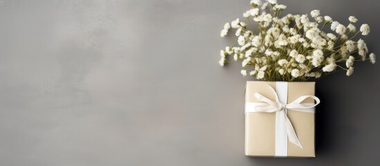 Gift box with white gypsophila flowers on gray background