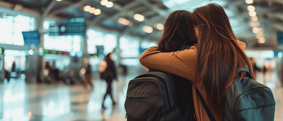 Woman couple or friend hug each other with nostalgia at the airport gate, Good bye or welcome moment, Memories Emotional that transport, banner cover background ultrawide ratio 21:9