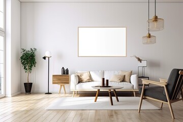 Interior of a stylish living room with a blank canvas on a white hardwood wall. Draft for a design