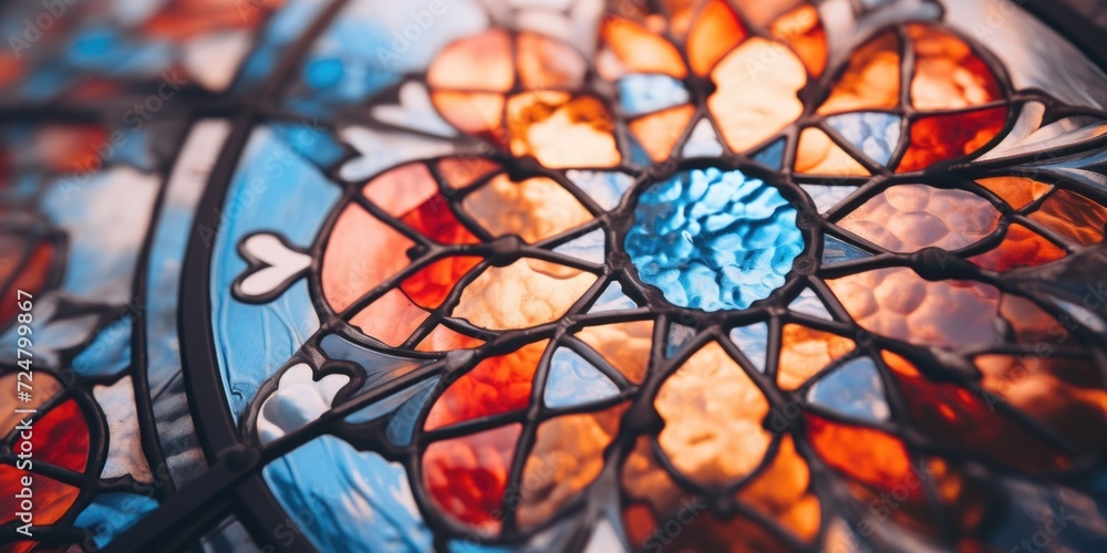 Poster A detailed view of a stained glass window. Perfect for adding a touch of color and elegance to any space