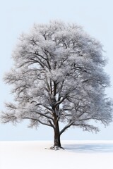 A single tree stands alone in a field covered in snow. This image can be used to depict solitude, winter landscapes, or the beauty of nature in snowy conditions