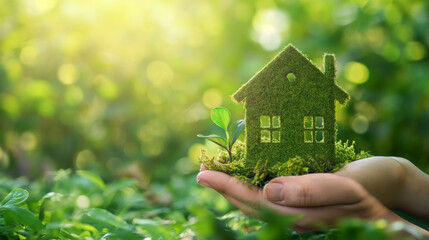 Ökologisches Wohnen mit einem grünen Haus aus Gras getragen von einer auf einer Handfläche stehend mit unscharfem Hintergrund Generative AI - obrazy, fototapety, plakaty