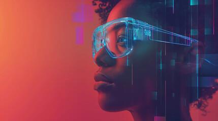 Künstlerin zeigt ihr Frauenportrait in moderner Kunst mit vielen bunten Farben und Lichteffekten einer VR Brille aus Glas Generative AI - obrazy, fototapety, plakaty