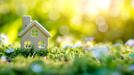 Ökologisches Wohnen mit einem grünen Haus aus Gras getragen von einer auf einer Handfläche stehend mit unscharfem Hintergrund Generative AI - obrazy, fototapety, plakaty