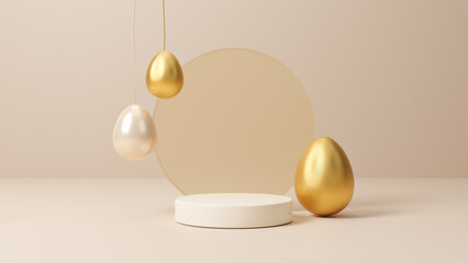 Easter eggs podium for product presentation, happy easter day concept, minimal scene with pedestal and egg, Easter day with geometry platform for product, showcase on pedestal display, 3d rendering - obrazy, fototapety, plakaty
