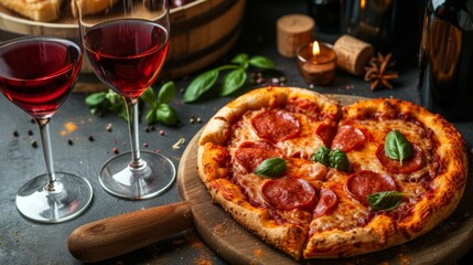 a heart in shape pizza and wine glasses is placed on a dark table