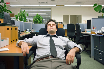 Absurd office scenario, Overworked tired employee.