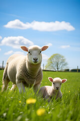 Pastoral Symphony: Tranquil Image of Mother Ewe and Lamb Grazing in a Lush Green Field