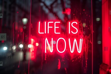 Red neon sign life is now. Glow quote about live and self motivation. Here and now abstract concept about life.