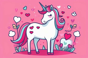 
Drawing. Romantic unicorn. Hearts. Pink background.