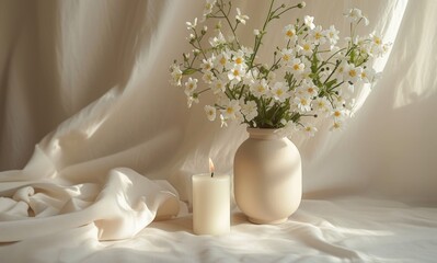 Fototapeta na wymiar candle and flowers in a vase on background in white glass