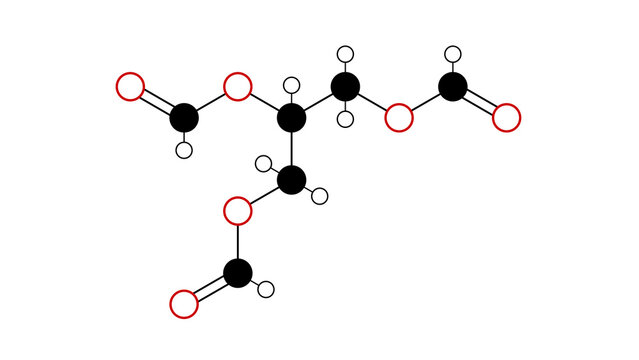 triglyceride molecule, structural chemical formula, ball-and-stick model, isolated image triformin