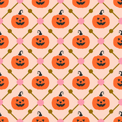 Jack O Lanterns in Checkered Vector Seamless Halloween Pattern
