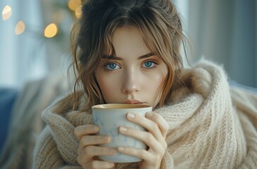 a pretty woman wrapping herself warmly in a blanket while drinking hot tea - obrazy, fototapety, plakaty