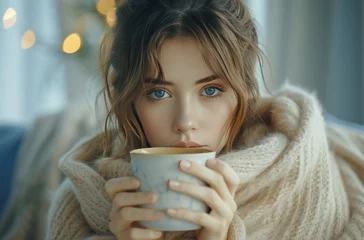 Foto op Canvas a pretty woman wrapping herself warmly in a blanket while drinking hot tea © ArtCookStudio