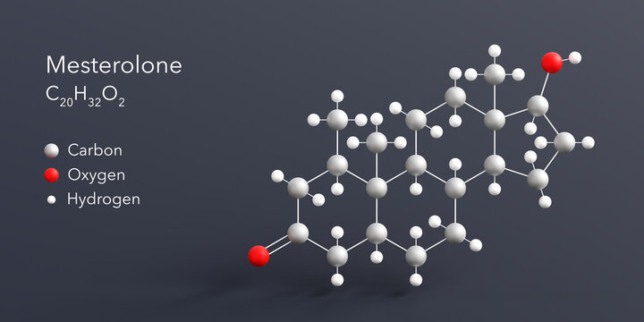mesterolone molecule 3d rendering, flat molecular structure with chemical formula and atoms color coding