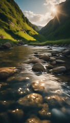 Naklejka na ściany i meble river water flow through rocks, green grass, hills, blue sky, sunrise, clouds