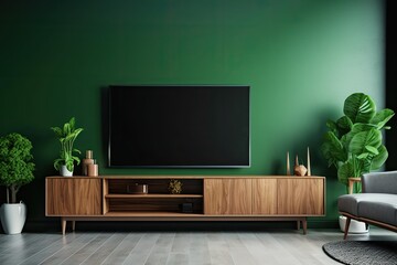 Modern living room furnishings with a TV cabinet against a green wall background