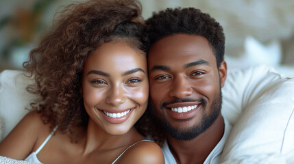 Happy smiling black couple in love, hugging each other, sitting on the sofa and looking at the camera. Portrait of a handsome man and woman relaxing at home on holidays or weekends - obrazy, fototapety, plakaty