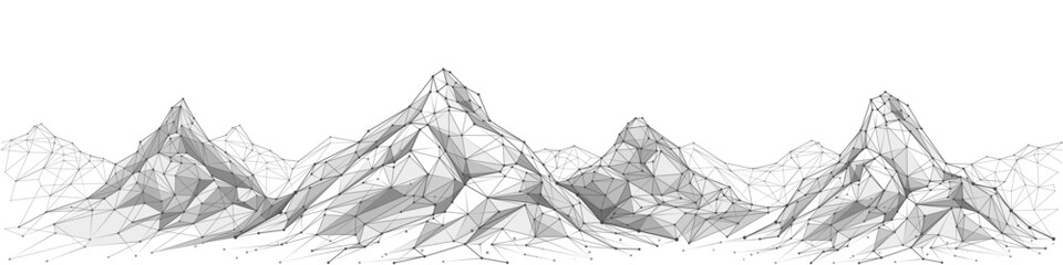 Abstract mountain landscape. Polygonal sketch. Outline background. Mountain range isolated on a white background. Line art. Black on white graphic. Low poly wireframe linear vector illustration.  - obrazy, fototapety, plakaty