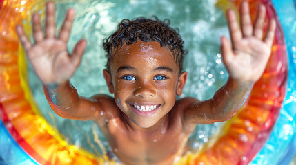 A dark-skinned blue-eyed boy in a pool on a multi-colored inflatable ring learns to swim. Healthy outdoor sports for children. Children's beach activities, water games