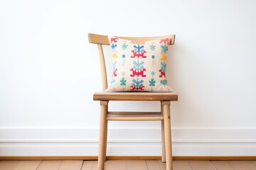 a single decorated pillow sitting on a minimalist wooden chair