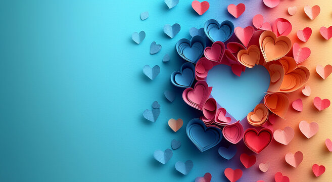 Festive blue background and colorful hearts arranged in a heart-shaped circle for Valentine's Day. Greeting banner, card, cover, invitation card with empty space for text. View from above