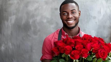 Foto op Canvas Cute smiling African American male flower seller with blue eyes, wearing an apron with a large bouquet of red roses on a gray background. Gardening, floristry and holidays concept © Irina