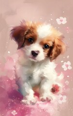 cute brown and white puppy painting