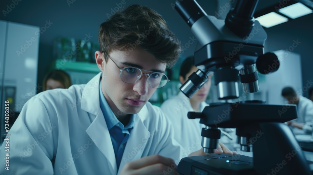 Poster a man in a lab coat carefully looks through a microscope. this image can be used to illustrate scien