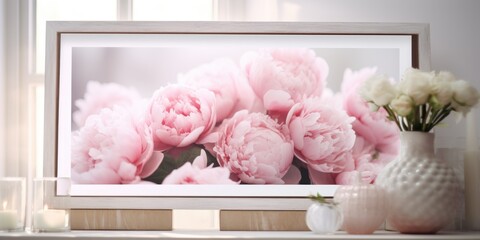 Pink flowers beautifully arranged in a vase on a shelf. Ideal for home decor or floral-themed designs