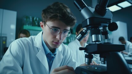 A man in a lab coat carefully looks through a microscope. This image can be used to illustrate scientific research and analysis